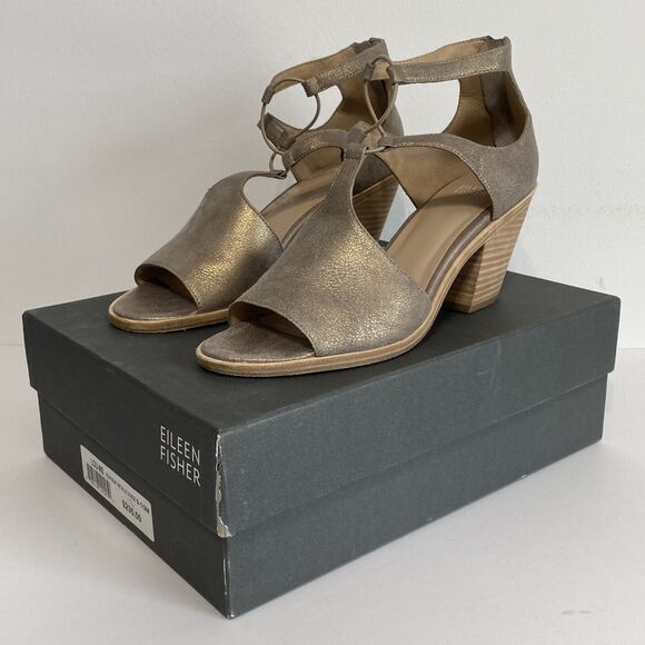 Eileen Fisher Sandals Womens US 9.5 Lou Platinum Metallic Suede Block Heel Coast - Picture 4 of 15